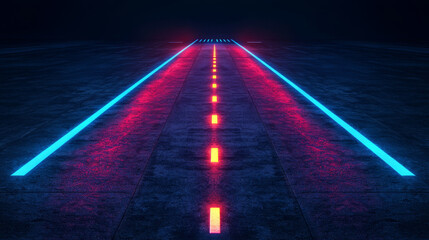 Travel airplane concept. Aerial view of illuminated runway lights in dark setting, creating striking visual
