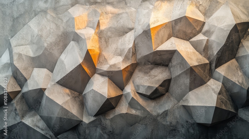 Poster a textured, geometric surface featuring three-dimensional shapes and subtle lighting, creating an ab