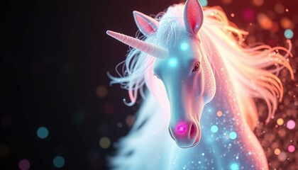 Obraz premium Enchanting Unicorn Surrounded by Colorful Lights and Sparkles, Mysterious and Magical Atmosphere Created with Vivid Colors and Soft Glow Effects