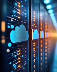 A futuristic data center featuring illuminated servers and cloud icons, symbolizing advanced cloud computing technology.