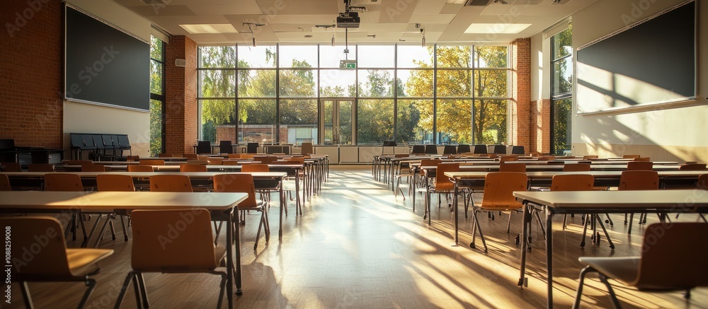 Poster empty classroom with large windows looking out at trees and sunshine.