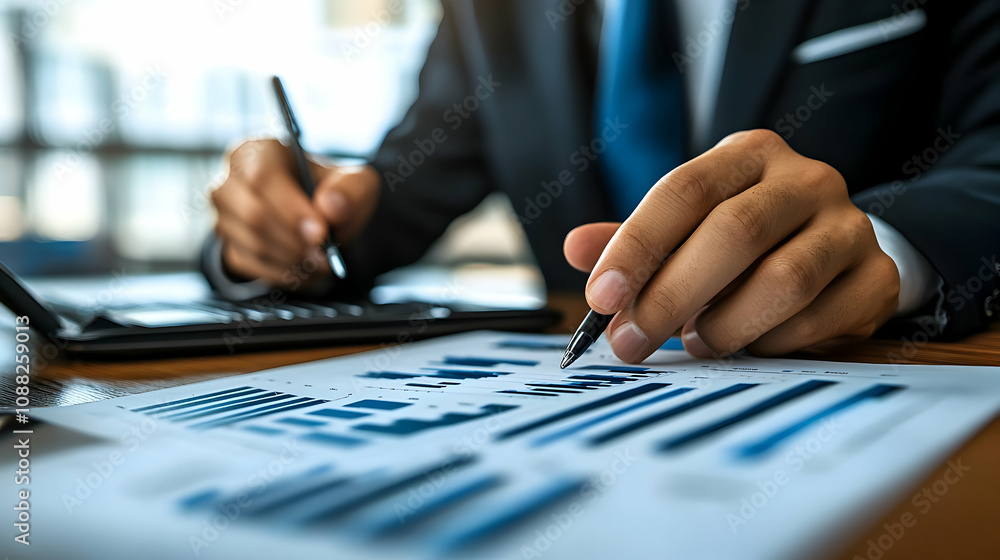 Poster a businessperson's hand pointing at a graph on a desk, analyzing data and charts, working on financi