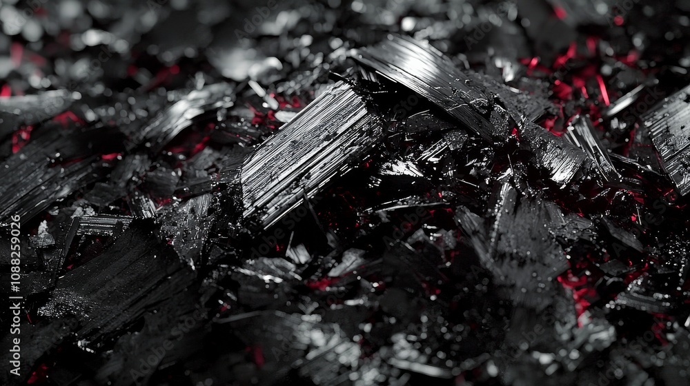 Poster a close-up view of shiny, black mineral fragments with hints of red, showcasing intricate textures a