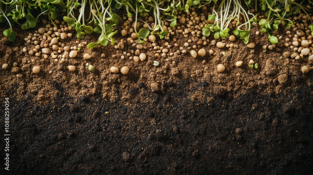 Poster fresh green sprouts and tiny seeds emerge from dark fertile soil, illustrating the cycle of life in 