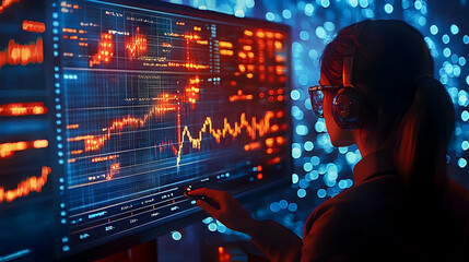 A Woman Wearing Headphones and Glasses Studies a Stock Market Chart on a Computer Screen, Illuminated by a Blue and Red Light, in a Dark Room.