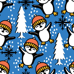 Winter seamless pattern with cute penguin and snowflakes in a hat. Xmas patterns. Can be used for fabric, wrapping paper, scrapbooking, textile, poster, banner
