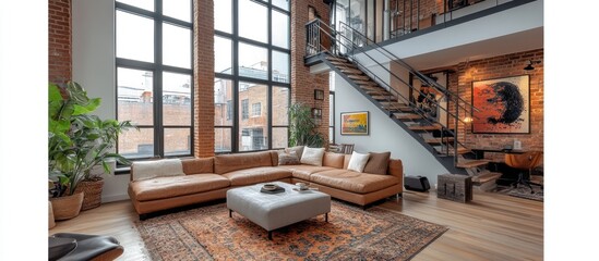 Modern Loft Apartment with Exposed Brick Walls and Large Windows