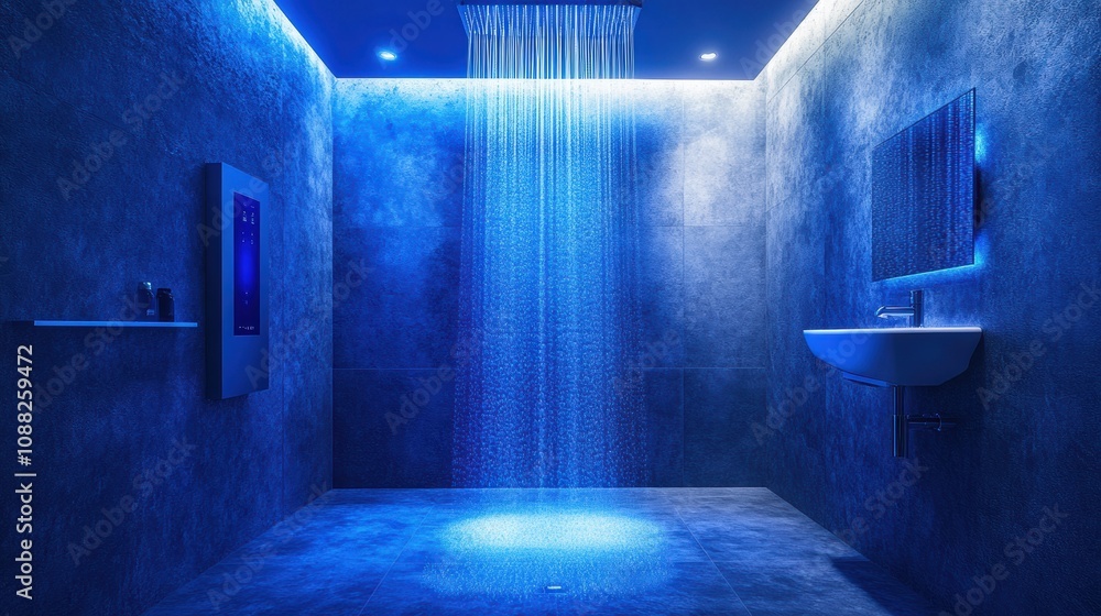 Poster this stylish bathroom showcases a sleek smart shower system with ambient blue lighting and an easy-t