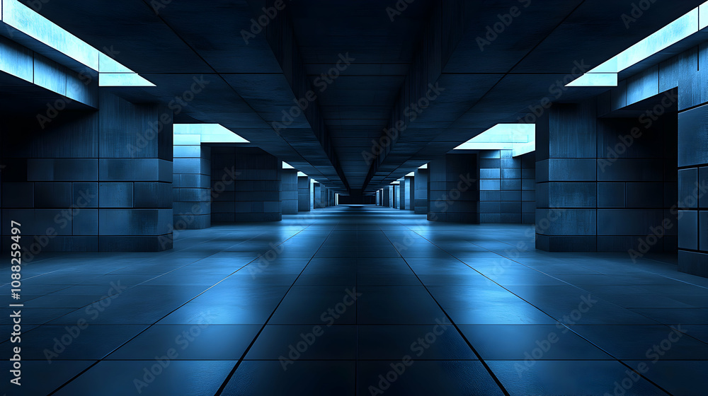 Poster a 3d render of a long, dark corridor with blue tiled walls and a reflective floor, creating an illus