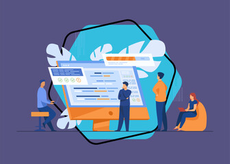 Software developers coding on computer with script. Coding, engineering, interface design flat vector illustration. Programming concept for banner, website design or landing web page