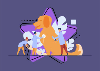 Tiny doctors caring dog in vet office flat vector illustration. Modern animal clinic or hospital. Animals, pets and veterinary service concept