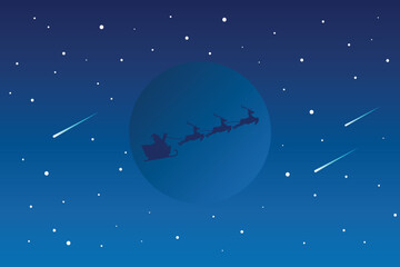Fototapeta premium Santa Claus and his reindeer sleigh in silhouette against moon and stars