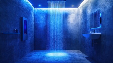 This stylish bathroom showcases a sleek smart shower system with ambient blue lighting and an easy-to-use touch panel for optimal comfort. Generative AI