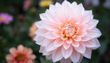Fototapeta premium Stunning Soft Pink Dahlia Bloom Surrounded by Lush Green Foliage and Delicate Petals Perfect for Floral Art Displays and Nature Photography Enthusiasts