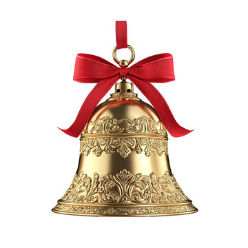 christmas bell with knotted red ribbon on transparent background