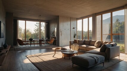 Naklejka premium A cozy living room with freshly installed plasterboards and drywall, the sunlight streaming in through the large windows, casting warm shadows on the smooth walls.