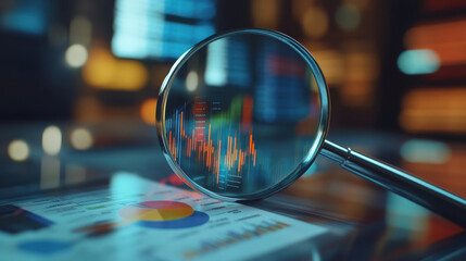 magnifying glass looking business analyzing financial data charts on a digital tablet 