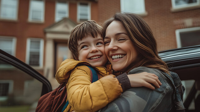A smiling mom hugging her child as they exit the car in front of a brick school building 
