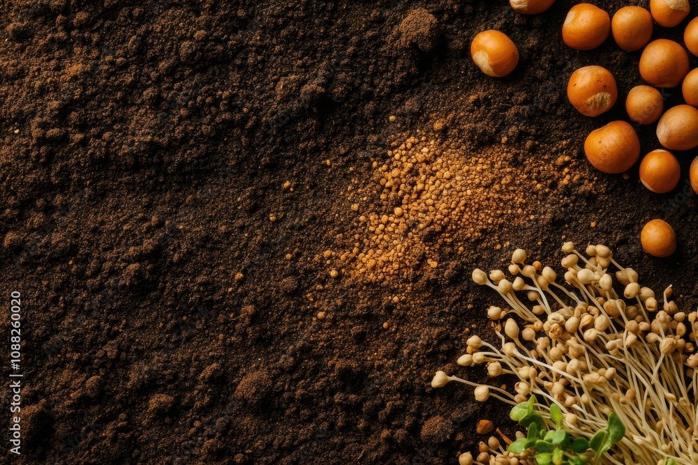 Poster seeds and vibrant fresh sprouts rest on a rich dark soil surface, highlighting the cycle of life in 