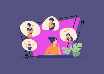 Woman expressing strong various feelings and emotions. Girl suffering from distracted behavior and mood changes. Vector illustration for mental disorder, psychology, stress, crisis concept