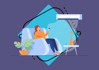 Woman relaxing in arm chair at home, turning on air conditioner system, holding remote control device. Flat vector illustration for summer, cleaning, comfort at home, appliance concept