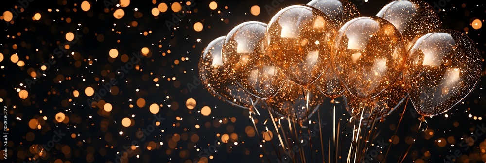 Poster minimalist and modern new year 2025 banner design featuring shimmering golden balloons and streamers