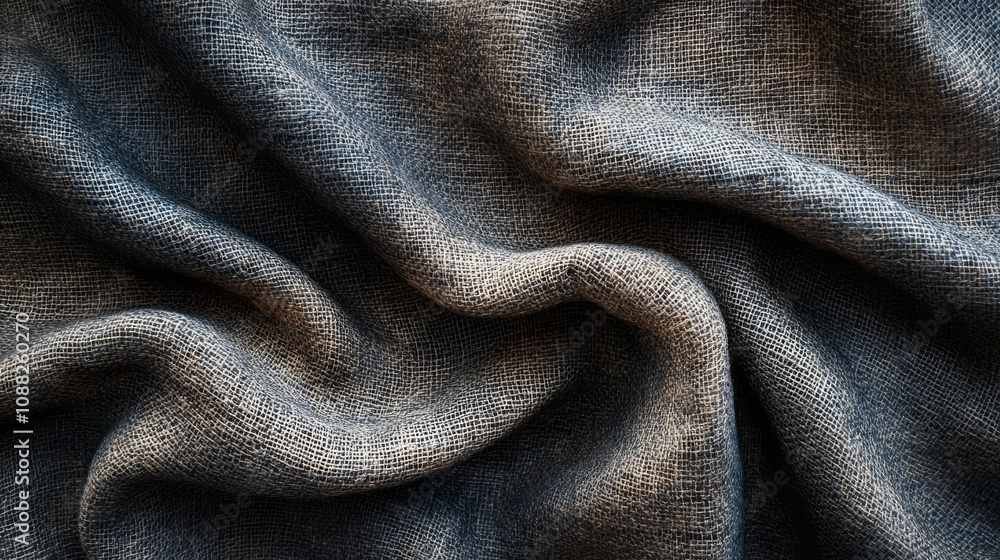 Poster a close-up view of textured fabric, showcasing intricate patterns and folds in shades of gray and bl