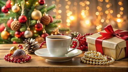 rendering of a festive Christmas scene with jewelry, gifts, and a cup of coffee on a decorated table, Christmas, festive, rendering