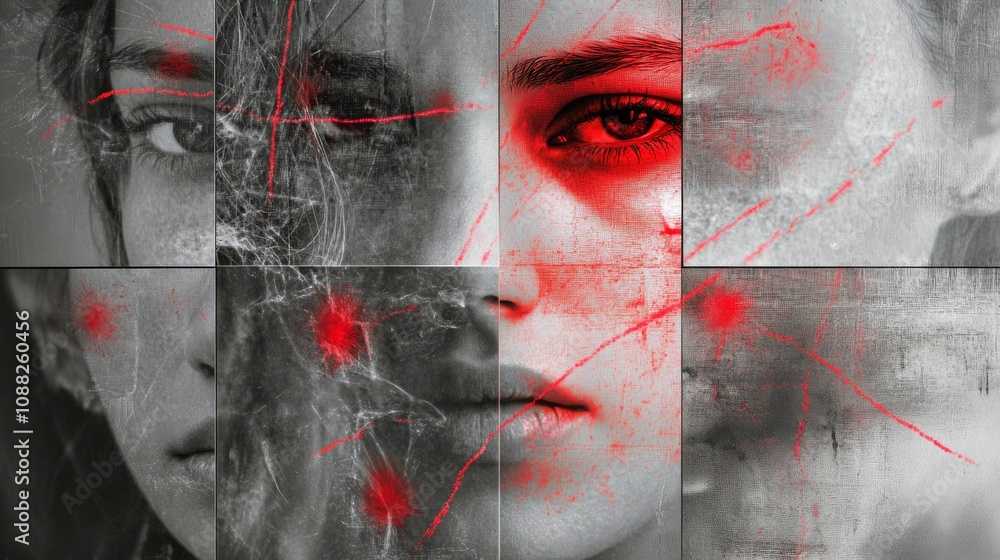 Aufkleber a striking, fragmented portrait highlighting intense emotions with contrasting colors and abstract e