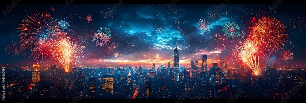 Aufkleber mesmerizing pyrotechnics light up the night sky over a captivating city skyline creating a dazzling 