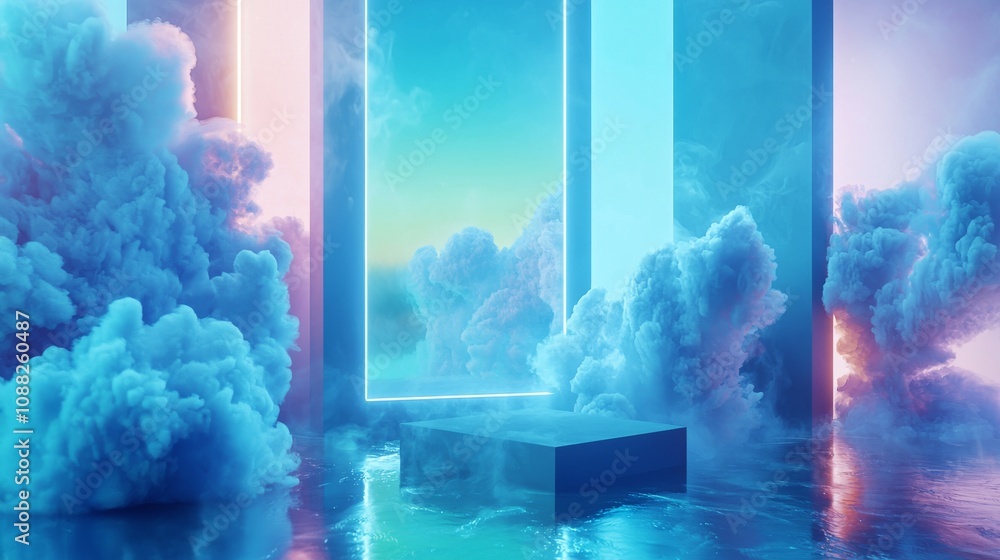 Poster a surreal landscape featuring luminous clouds and glowing portals, creating an ethereal atmosphere w
