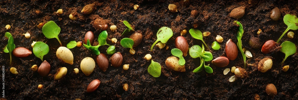 Aufkleber Seeds and fresh sprouts are nestled within rich soil, highlighting the process of growth and the cycle of nature in action. Generative AI