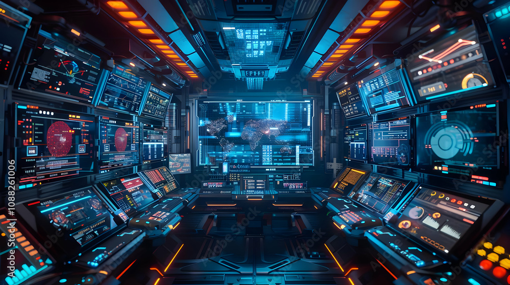 Poster futuristic control room displays global network data in vibrant 3d render