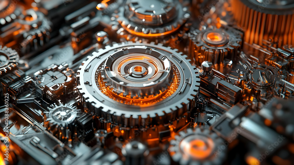Poster intricate gears interlocking in a complex mechanical system, highlighting the precision and beauty o
