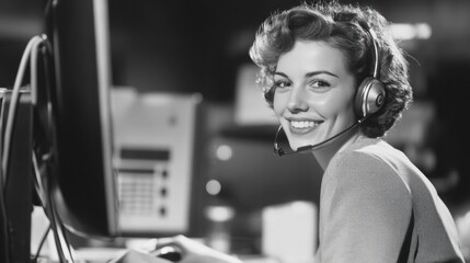 Vintage Telephone Operator: A Black and White Portrait of a Smiling Woman in a 1950s Office Setting