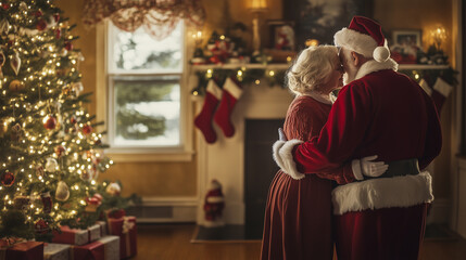 Santa Claus and Mrs. Claus Embrace During a Festive Christmas Eve. A Romantic Holiday Setting Filled with Stockings, Gifts, and Sparkling Tree Lights. Image Made Using Generative AI.