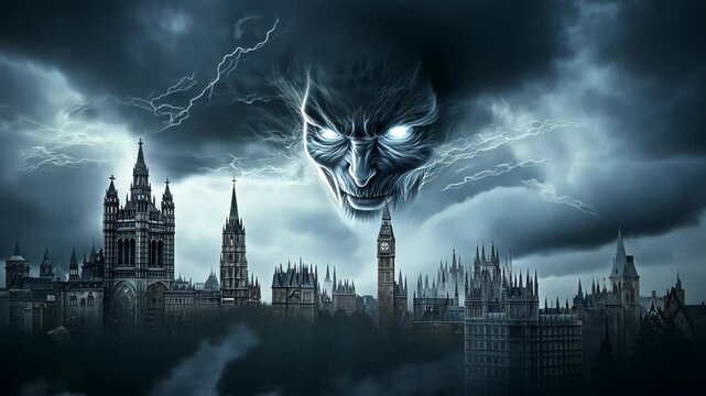Gothic clocktower cityscape beneath turbulent storm clouds. Massive ethereal wraith face emerges from swirling temporal vortex. 