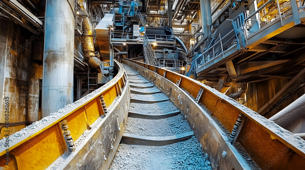 Poster industrial conveyor belt system transports aggregate material in a large-scale factory setting
