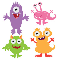 Funny colorful monsters vector cartoon illustration