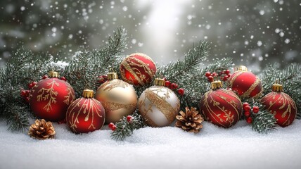 A festive Christmas tree branch with glowing red and gold ornaments, lying on a snowy white background