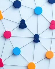 A colorful network of connected dots and figures, symbolizing communication, collaboration, and social interactions.