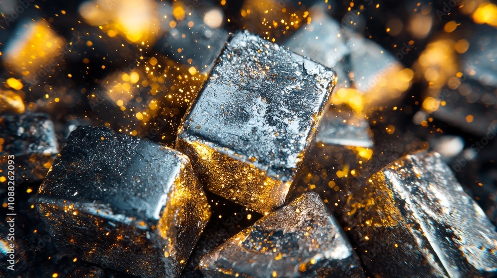 Poster a close-up view of metallic cubes with golden sparks, highlighting textures and contrasting colors i