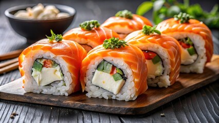 Sushi rolls with boiled carrots, raw salmon, surimi, pepper, and melted cheese , sushi, hosomaki