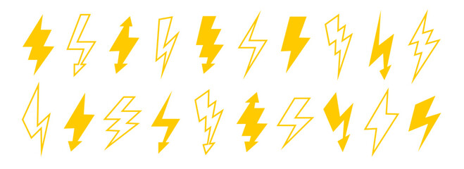 Yellow lightning bolt set. Solid and outline thunder bolt symbol collection. Flash thunderbolt element pack for poster, banner, graphic design, card. Orange strike arrow signs bundle. Vector