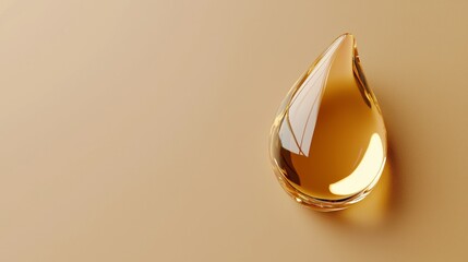 Fototapeta premium A shiny, golden droplet rests elegantly on a smooth, beige surface, reflecting light and showcasing its rich, translucent hue.