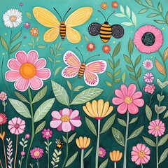 whimsical watercolor cute Colorful flowers with butterflies and bees.