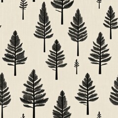 Vintage Scandinavian pine tree pattern on vintage beige fabric background, seamless repeating pattern, textile print style, minimal, Scandinavian design, seamless pine tree pattern, home decor