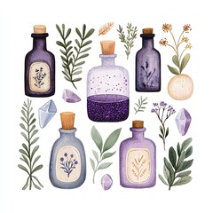 whimsical watercolor cute Colorful potion bottles with herbs and crystals.