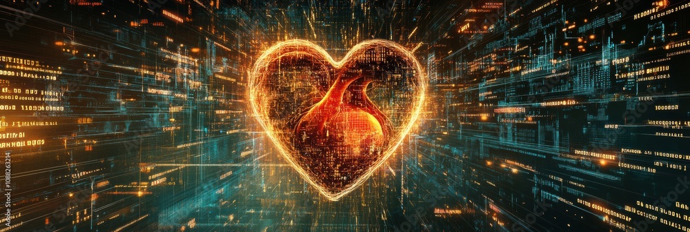 Poster a human heart is depicted at the center, illuminated by dynamic digital code representing the fusion