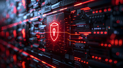 Obraz premium Cybersecurity Shield: 3D Digital Art Illustrating Network Protection with Red Glowing Circuits